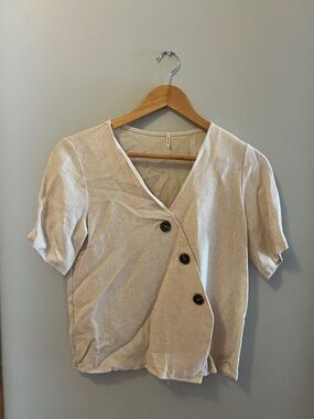 Classic Linen-Blend Short Sleeve Button Front Top - Beige